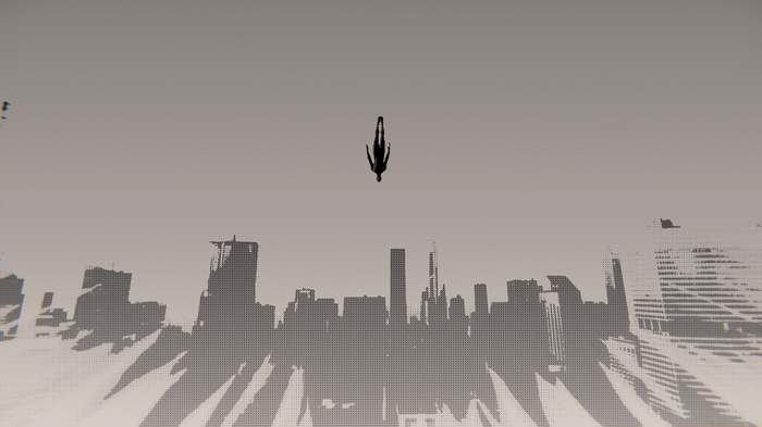 Spider-Man falling over a city skyline