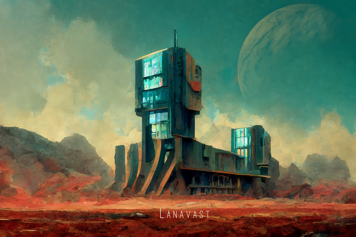 4K Science Fiction Landscape with Building and Planet