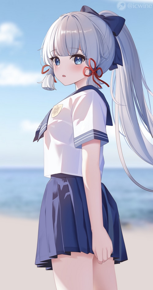Kamisato Ayaka in a school uniform by the sea