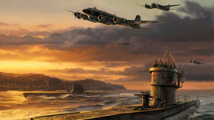 German U-Boats and Focke-Wulf 200 Condor aircraft at sunset