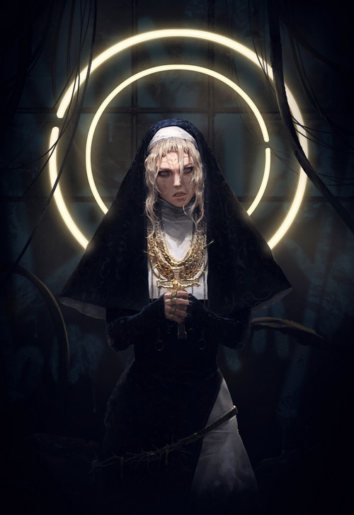 Angry nun with blonde hair and golden cross