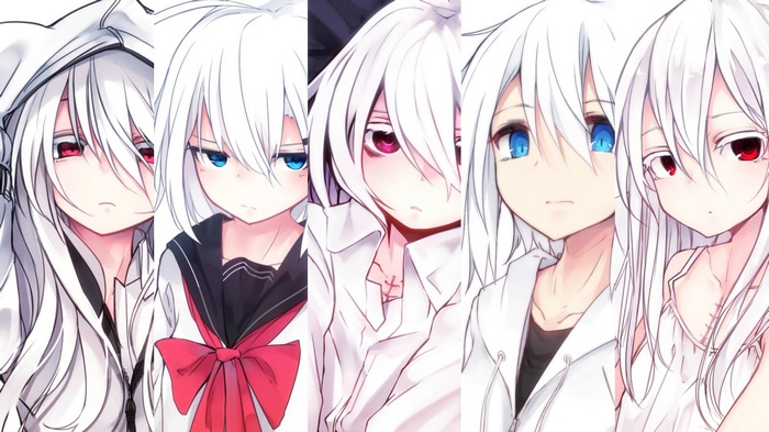 Anime characters with white hair and red or blue eyes