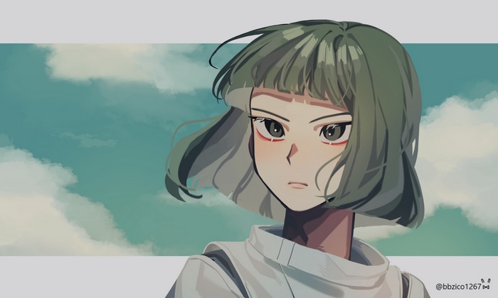 Anime girl with green hair and red eyes