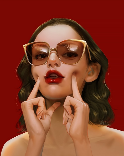 Woman with large sunglasses and red lipstick