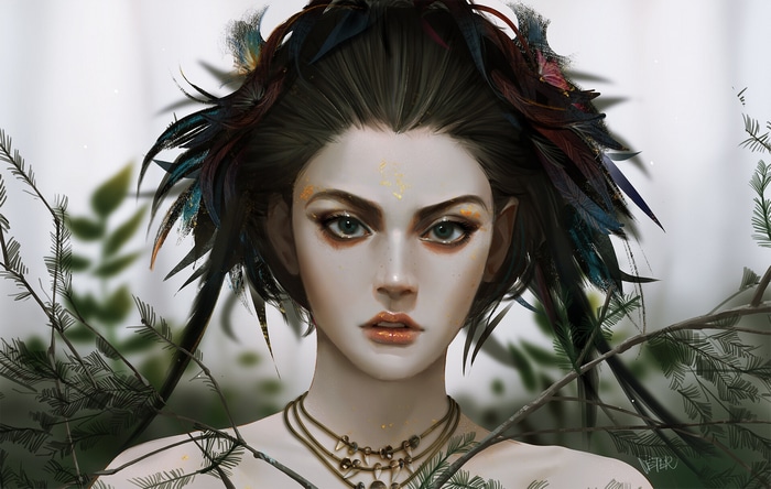 Fantasy girl with feathers and necklace by Peter Xiao
