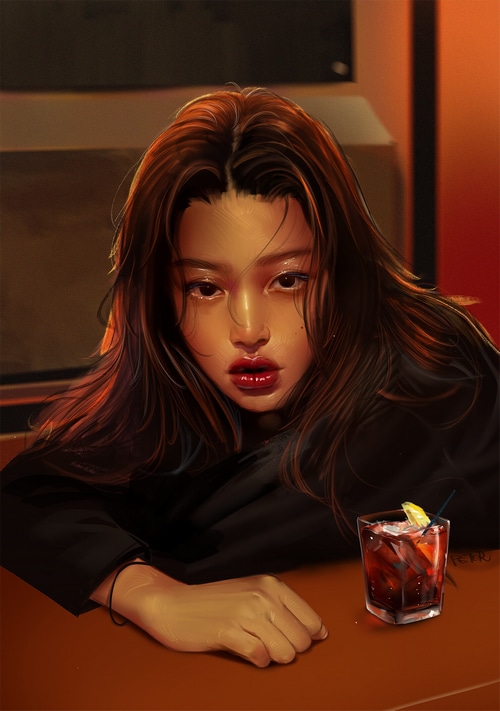 Peter Xiao's drawing of a woman with a drink