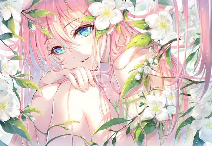 Anime girl with pink hair and blue eyes surrounded by flowers