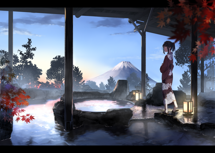 Girl in Kimono at Hot Spring with Mount Fuji