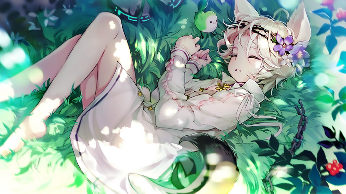 Anime fox girl sleeping in grass with flowers