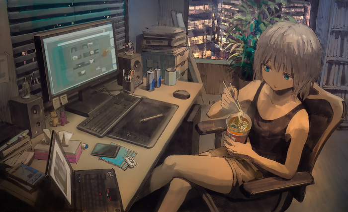 Anime girl eating noodles at a computer desk