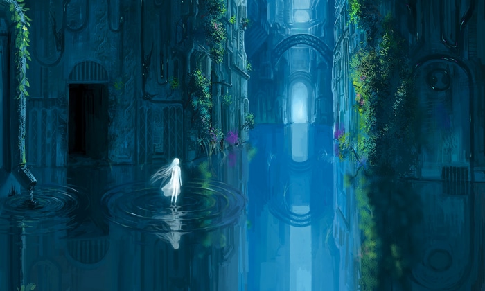 A girl stands in water in a blue, overgrown city