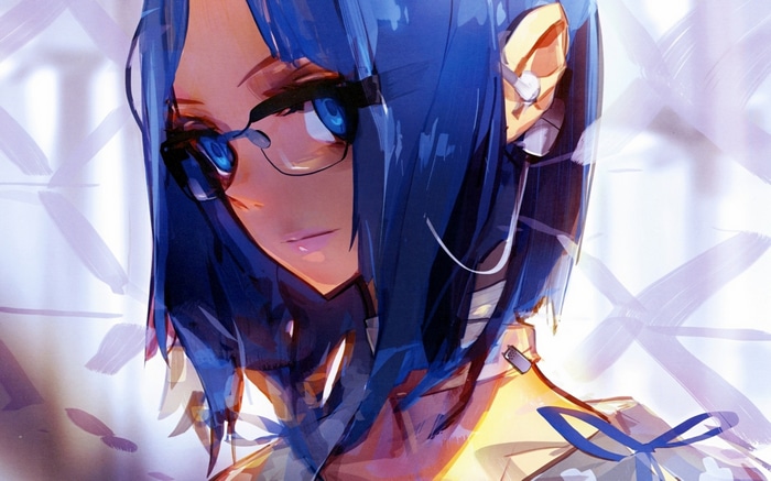 Anime girl with blue hair and glasses
