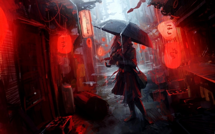 Girl with umbrella in rainy neon city
