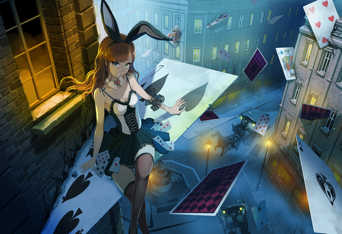 Girl in bunny suit with falling playing cards