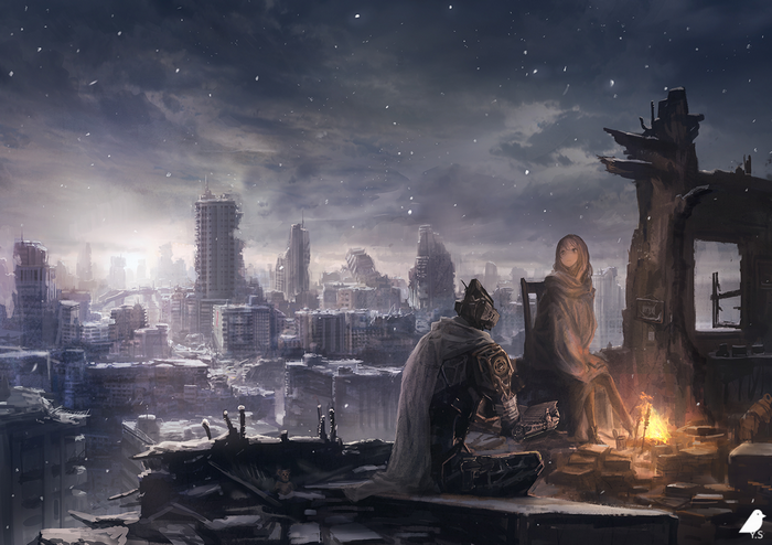 Two figures in a ruined city during a snowstorm