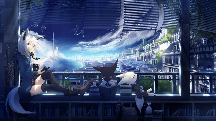 Fox girl and cats reading by the window