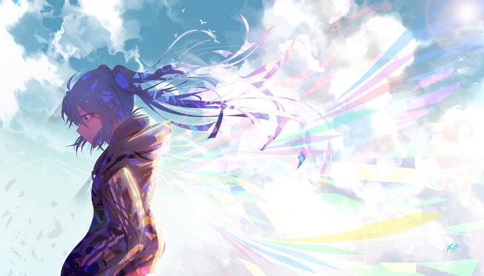 Girl with colorful hair in clouds