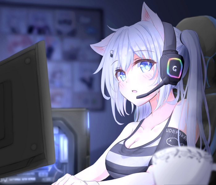 Cat girl with headphones playing computer games