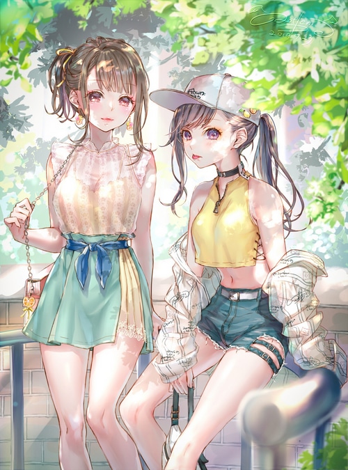 Two anime girls with a purse and hat