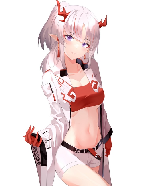 Nian from Arknights with purple eyes and horns