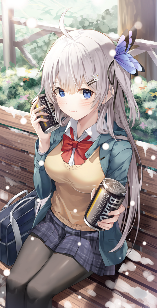 Girl in school uniform holding coffee cans