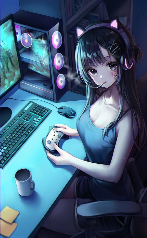 Girl with cat ear headphones playing video games