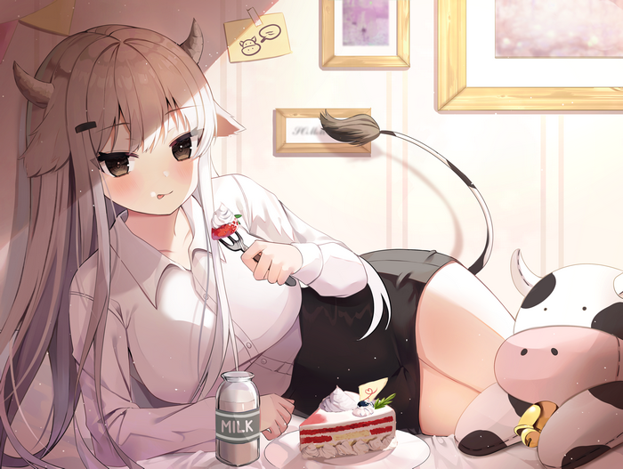 Cow girl eating cake with milk and plush toy