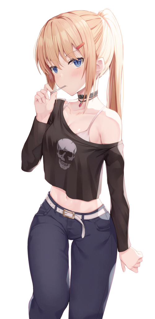 Anime girl with blonde ponytail eating lollipop