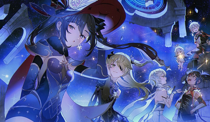 Genshin Impact characters Mona, Lumine, Fischl, Kazuha, Xinyan, and Paimon in starry sky