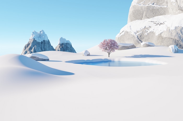 4K snowy landscape with mountains and a cherry blossom tree