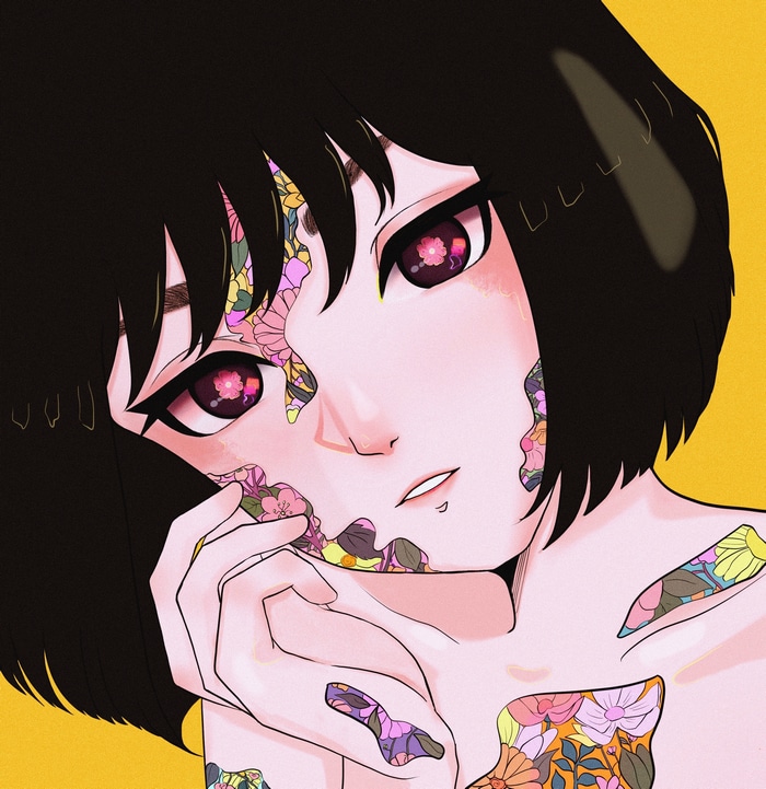 Anime girl with floral patterns on her skin