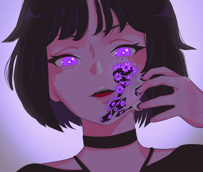 Anime girl with purple eyes and flowers on face