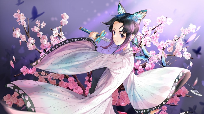 4K Kochou Shinobu with Katana and Cherry Blossoms