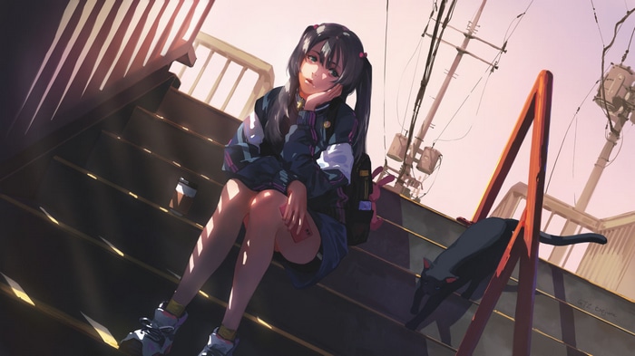 Anime girl sitting on stairs with a black cat