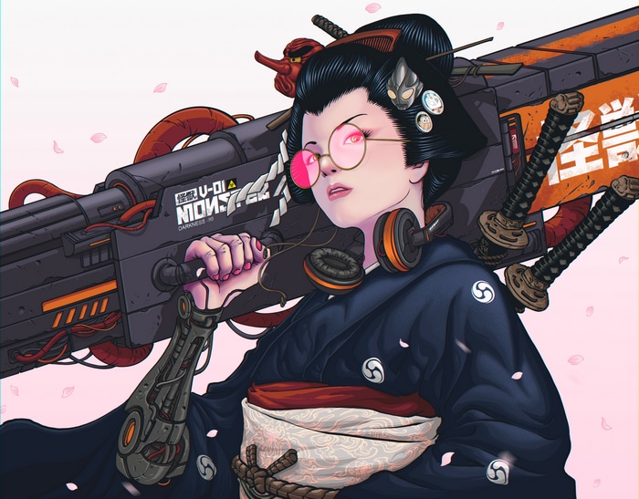 Cyberpunk Geisha with Giant Weapon and Cybernetic Arm