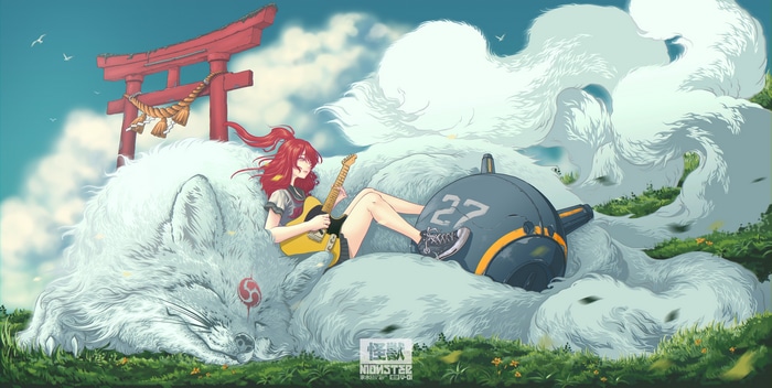 4K Girl Playing Guitar on Giant Fox with Robot