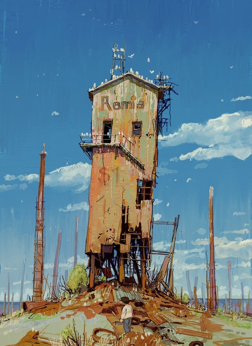 Abandoned tower with birds and a person