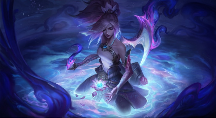 Akali kneeling with a glowing lotus flower