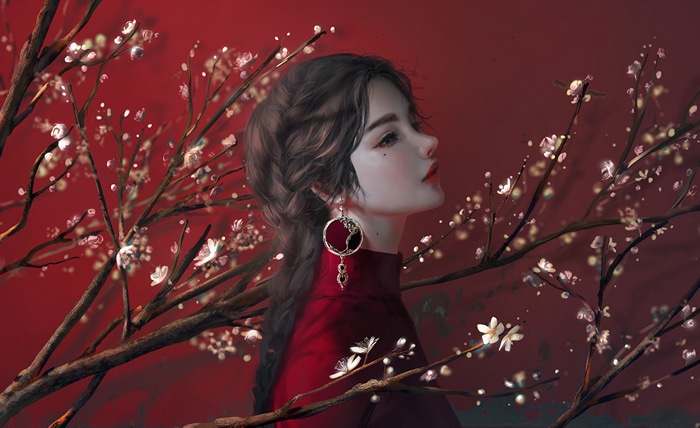 4K woman with flowers and trees