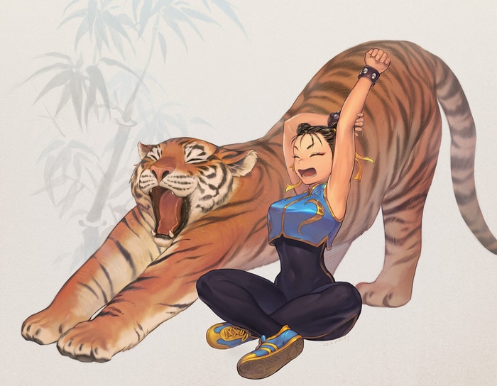 Chun-Li and a tiger stretching