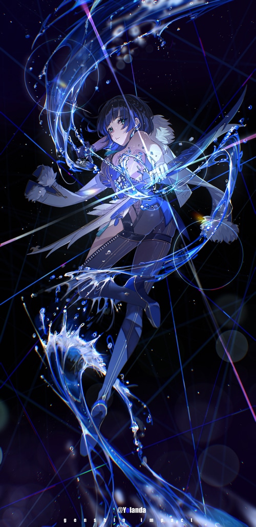 Yelan from Genshin Impact with water effects