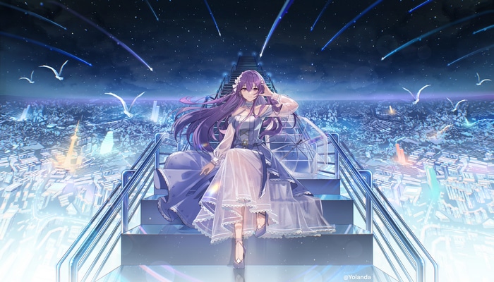 4K Anime Girl with Purple Hair on Stairs Over City