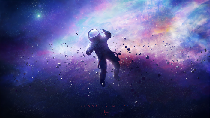 Astronaut lost in space among rocks and stars