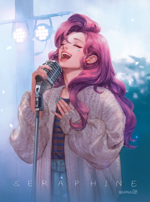 Seraphine singing into a vintage microphone