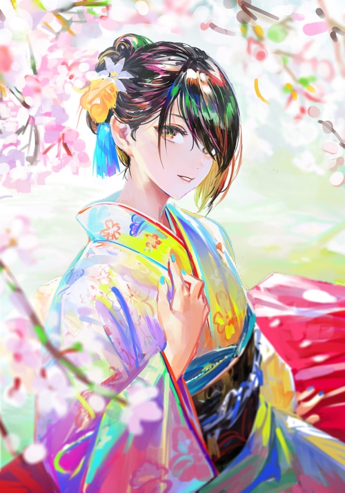 4K anime girl in colorful kimono with cherry blossoms