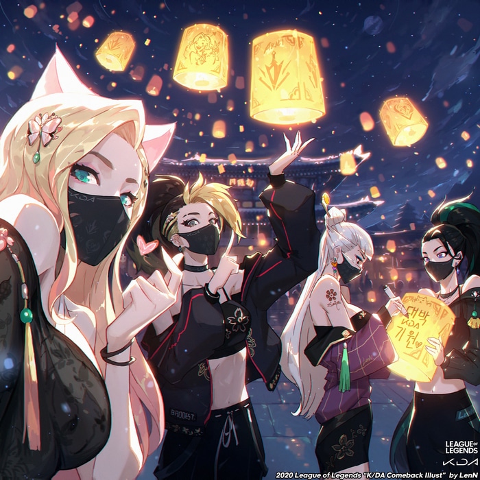 K/DA members Ahri, Akali, Kai'Sa, and Evelynn with lanterns