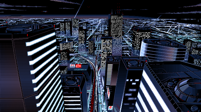 Pixel art cityscape with glowing skyscrapers at night