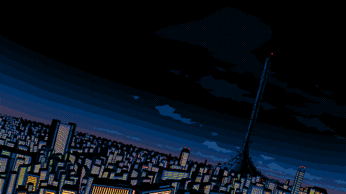 Pixel art cityscape at night with a tall tower
