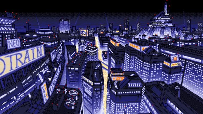 Pixel art cityscape of a futuristic city at night