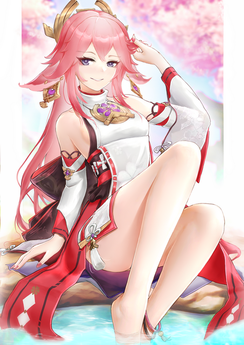 Yae Miko from Genshin Impact sitting by water